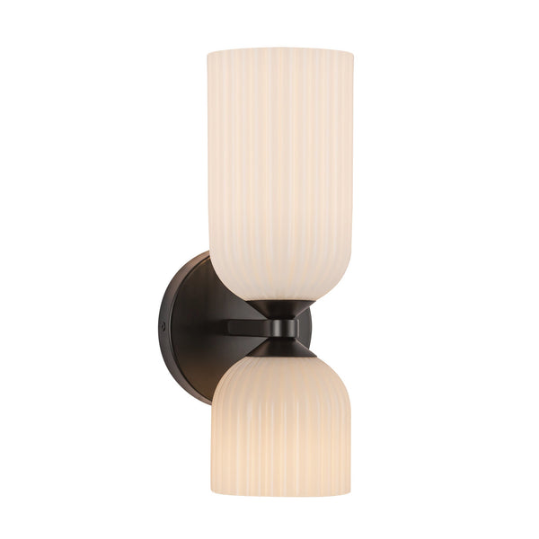 Safira 12" Vanity Wall Sconce, Matte Black/Glossy Ribbed Opal Glass