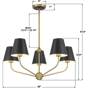 Xavian 28" Five Light Chandelier, Vibrant Gold With Black Shades