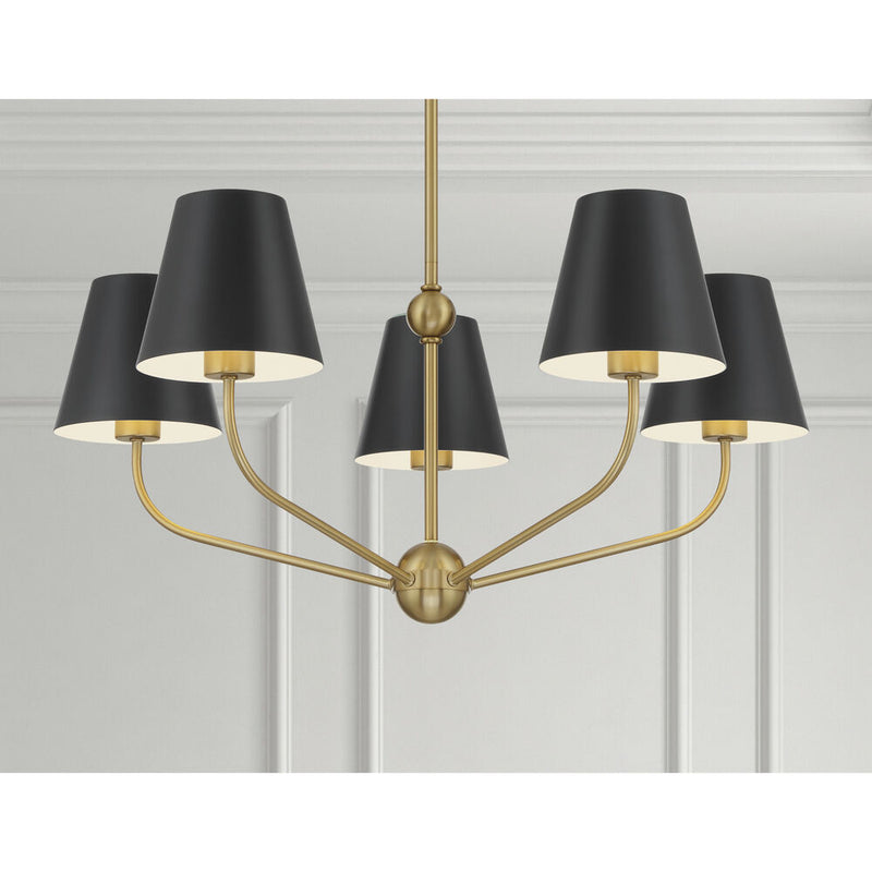 Xavian 28" Five Light Chandelier, Vibrant Gold With Black Shades