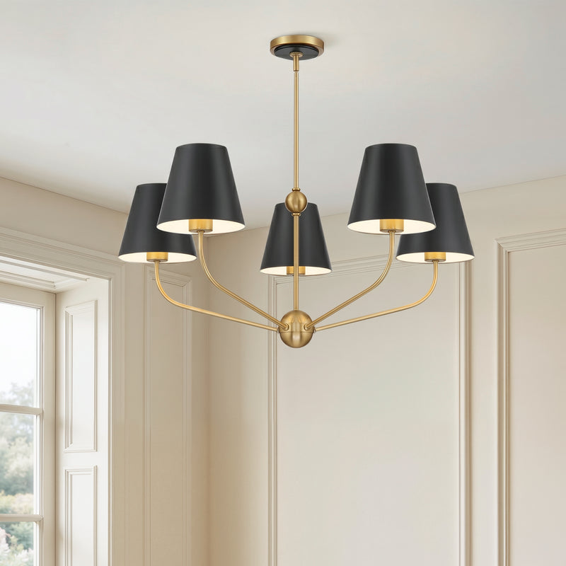 Xavian 28" Five Light Chandelier, Vibrant Gold With Black Shades