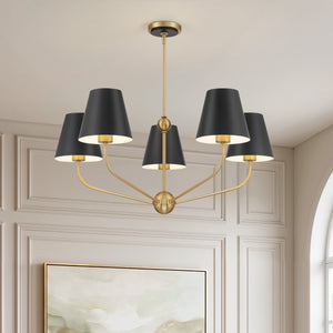 Xavian 28" Five Light Chandelier, Vibrant Gold With Black Shades