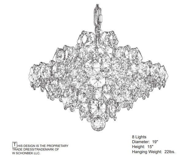 Baronet 19'' Eight Light Pendant, Stainless Steel with Clear Optic Crystal