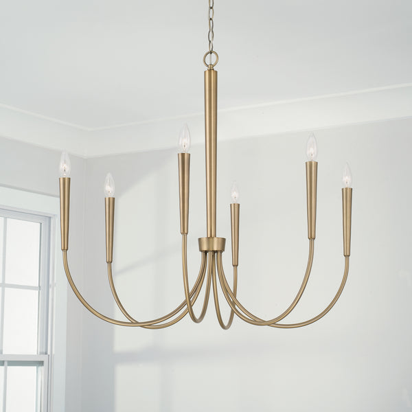 Evelin 33" Six Light Chandelier, Aged Brass