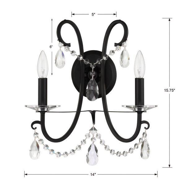Ophelia 14'' Two Light Wall Sconce, Matte Black Clear Hand Cut Crystal Alt 4.jpg