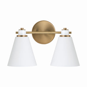 Collyn 15" Two Light Vanity, Aged Brass and White