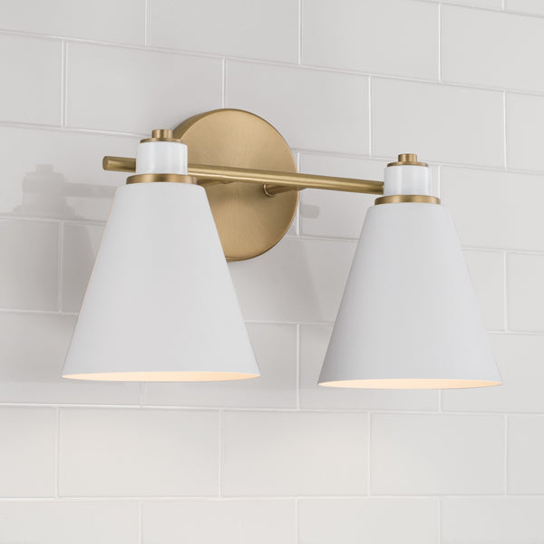Collyn 15" Two Light Vanity, Aged Brass and White