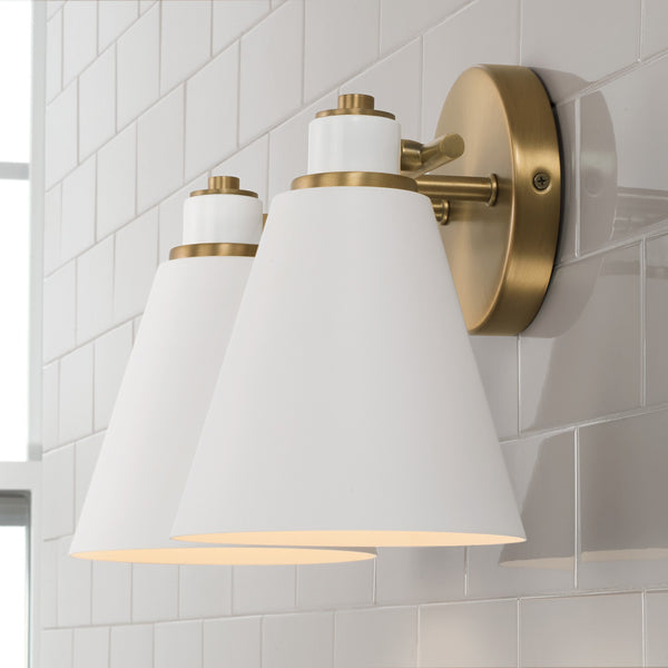 Collyn 15" Two Light Vanity, Aged Brass and White