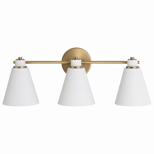 Collyn 24" Three Light Vanity, Aged Brass and White
