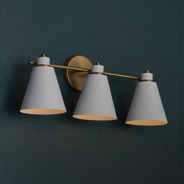 Collyn 24" Three Light Vanity, Aged Brass and White