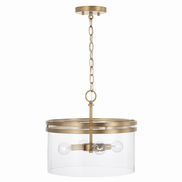 Loren 14.5" Four Light Dual Mount Semi Flush/Pendant, Aged Brass