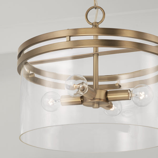 Loren 14.5" Four Light Dual Mount Semi Flush/Pendant, Aged Brass