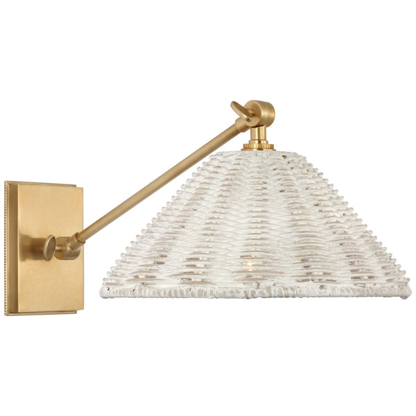 Wimberley 10" Single Arm LED Wall Sconce, Soft Brass with White Wicker Shade